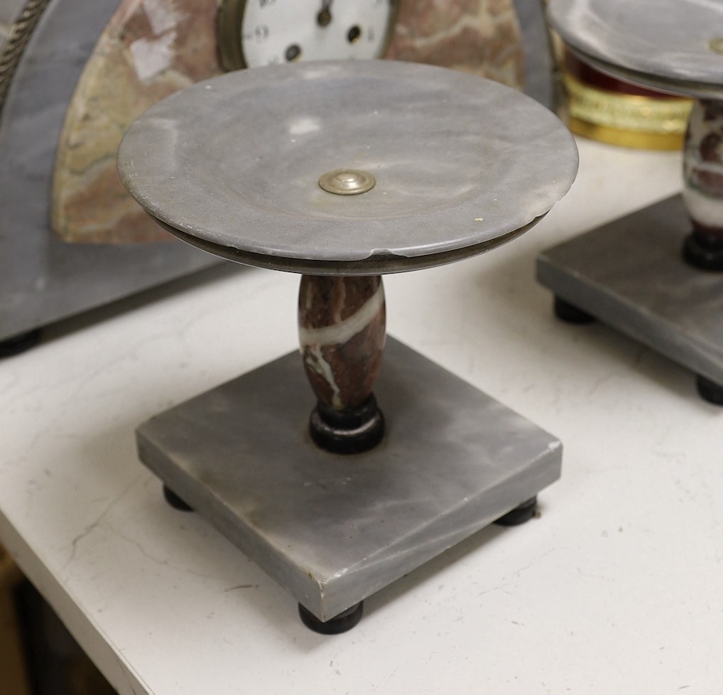 An Art Deco marble clock garniture with knotted ribbon decoration